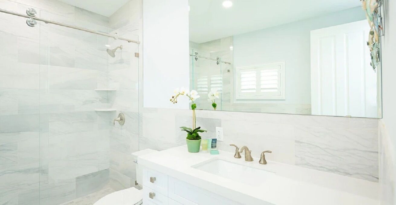 A modern bathroom with a glass shower enclosure, a white sink with a green plant, and a large mirror.