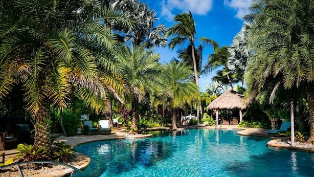 A swimming pool surrounded by palm trees and a thatched-roof structure. - Luxurious Caribbean 2 Bedroom 2 Bath Home (Islamorada)