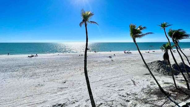 A beach with palm trees and the ocean. - Sandy Feet Retreat - 3Bdrms, Pool, Steps to Beach (Fort Myers Beach)