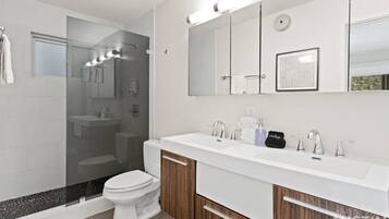 Eco-friendly toiletries, hair dryer, towels, soap