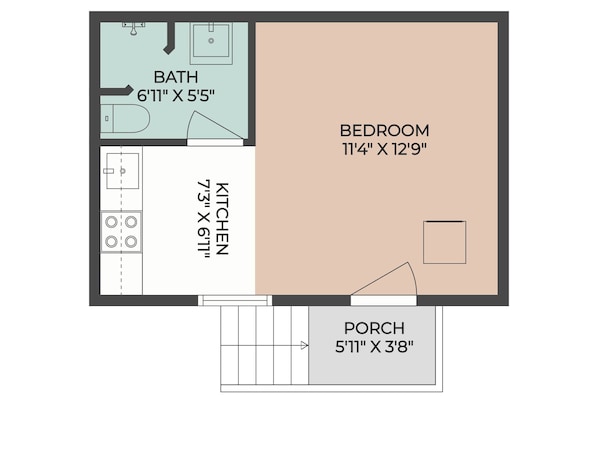 A floor plan with a bedroom measuring 11'4' x 12'9', a kitchen measuring 7'3' x 6'11', a bathroom measuring 6'11' x 5'5', and a porch measuring 5'11' x 3'8'.
