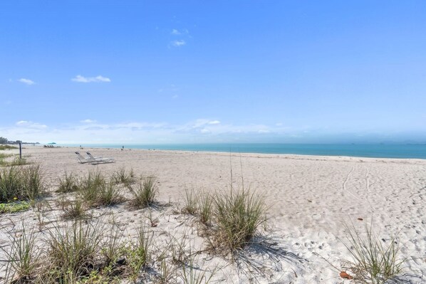 A beach with clear skies, sandy terrain, and sparse vegetation. - 7th Heaven by Duncan Real Estate (Longboat Key)
