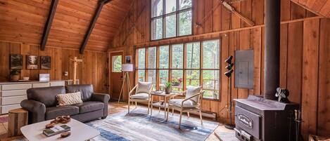 Smart TV, chimenea y libros