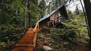 A wooden cabin with a staircase leading to a deck, surrounded by dense forest. - Charming A-Frame @ Mt. Rainier~Nature~Relax! Pet Friendly! (Packwood)