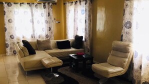 A living room with a sofa, a chair, a coffee table, and a rug.