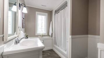 Combined shower/tub, hair dryer, towels, soap