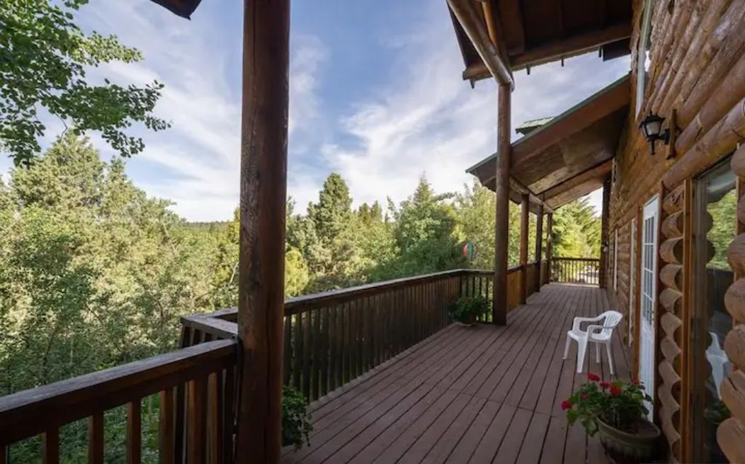Une terrasse en bois avec une rambarde, un pot de fleurs et une chaise blanche.