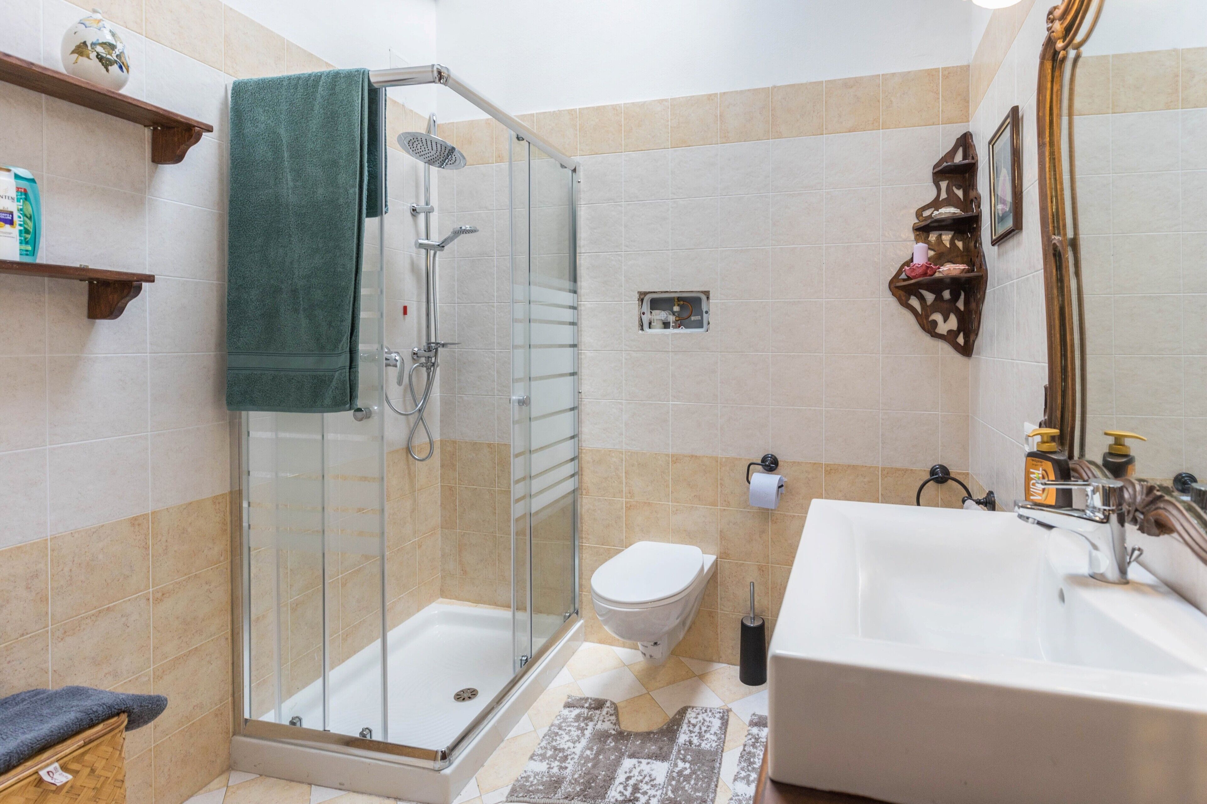 Shower, hair dryer, towels