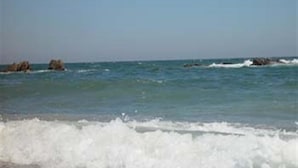 Una playa con olas y rocas en el agua.