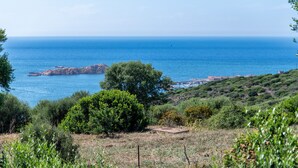 A coastal landscape with a clear view of the sea, rocky outcrops, and dense greenery.