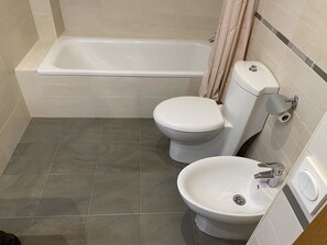 Combined shower/bathtub, bidet, towels, soap