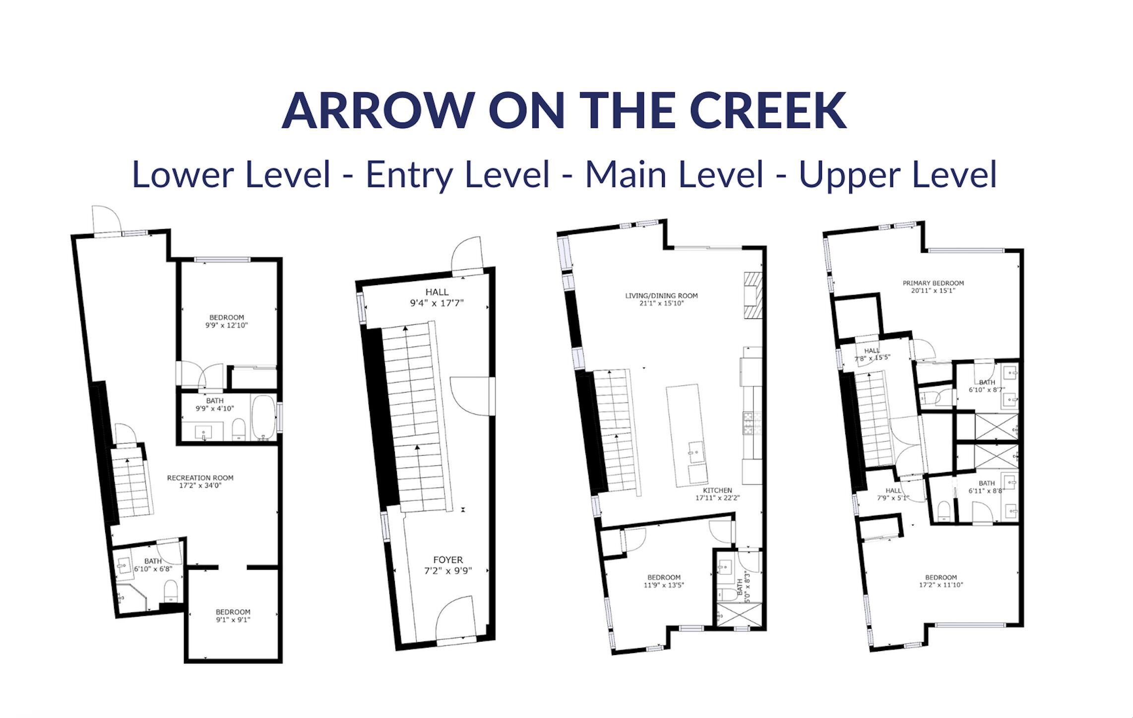 Four floor plans of a building with different layouts. Each plan includes a bedroom, bathroom, and living areas. The plans vary in the size and placement of these rooms.