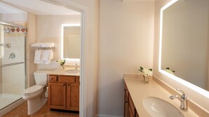 Un baño moderno con ducha, inodoro, tocador y un espejo grande.