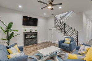 TV, fireplace, offices