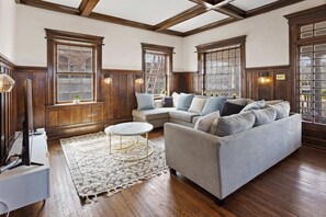 TV, fireplace, books, stereo - Grand Historic Mansion Waterfront Decks Sleeps 20 (Atlantic City)