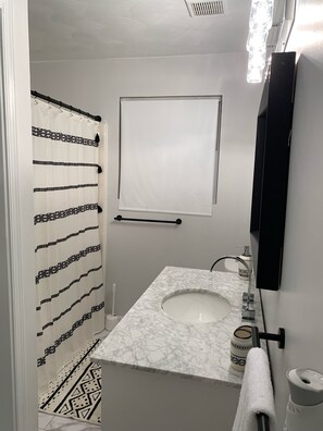 Combined shower/bathtub, hair dryer, towels, soap