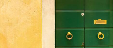 A green door with two brass rings and a small brass plate.