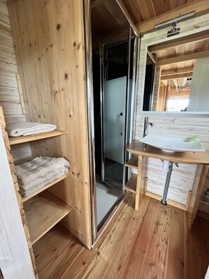 Shower, towels, soap, toilet paper
