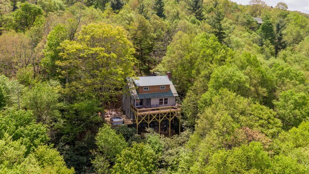 Ein Haus, umgeben von dichtem Wald, mit einer Holzterrasse und einem Whirlpool im Garten.
