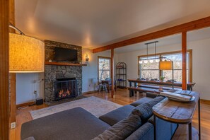 TV, fireplace, foosball