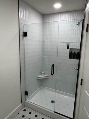 Shower, towels, soap, toilet paper