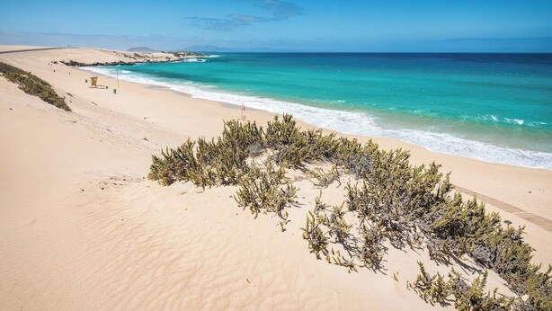 A beach with clear turquoise waters, sandy dunes, and sparse vegetation. - Home2Book Jable Beach Apartment (Morro Jable)