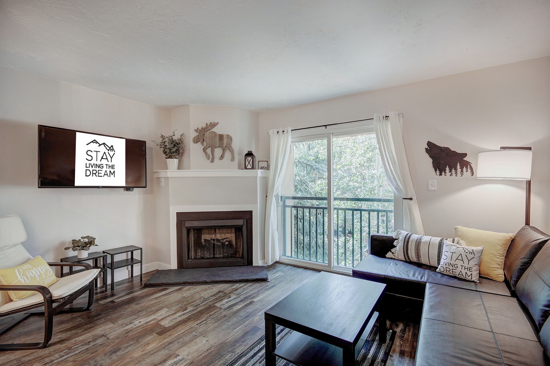 TV, fireplace, music library, video library