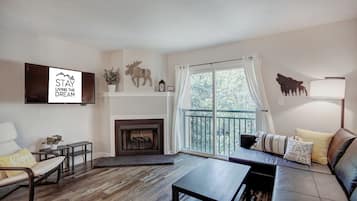 TV, lareira, biblioteca musical, videoteca