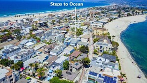 Vista aérea de una zona residencial costera con casas que dan a la playa.