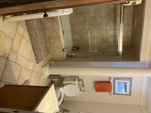 Combined shower/bathtub, hair dryer, towels, soap