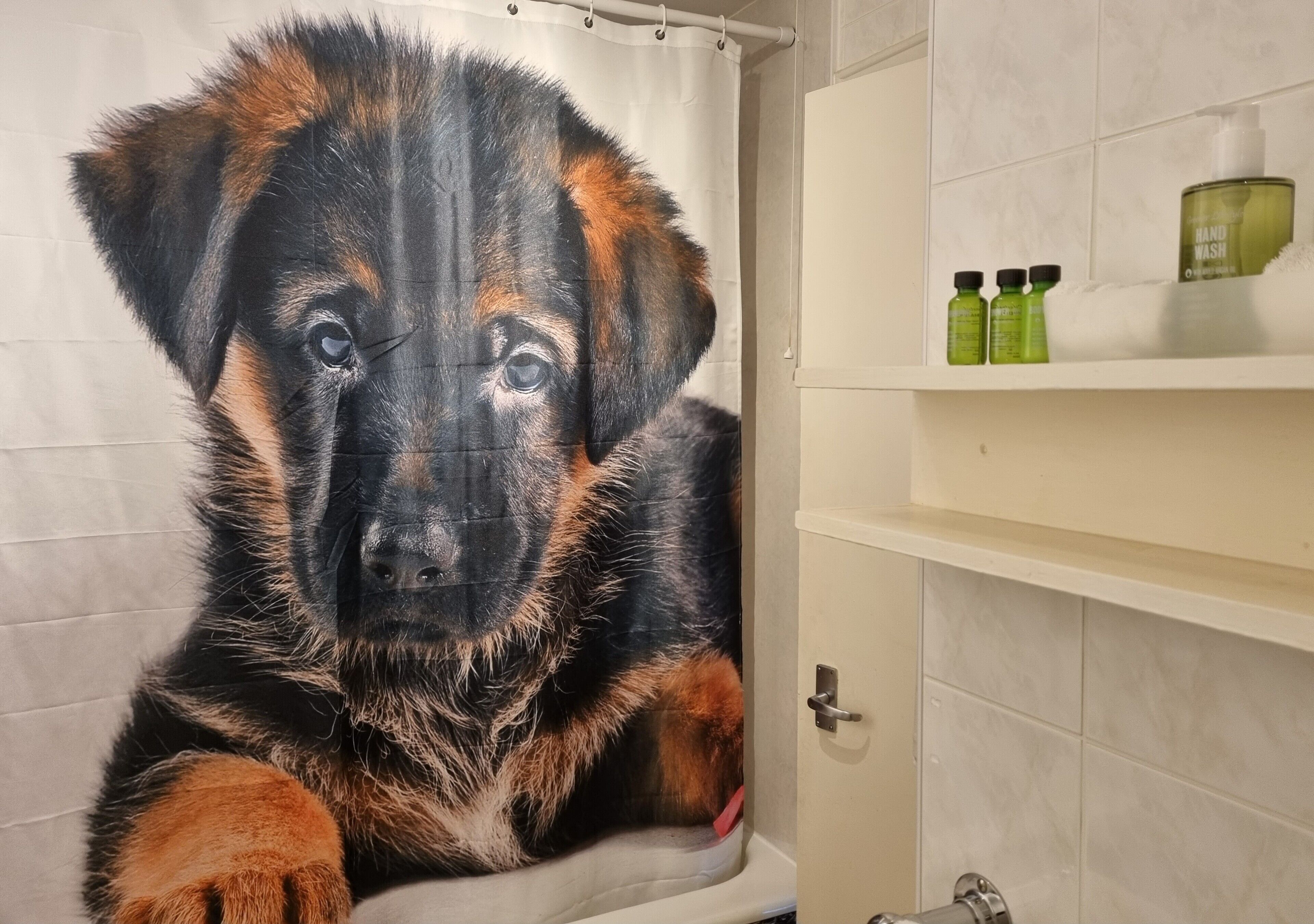 Een badkamer met een douchegordijn met het gezicht van een hond, een witte betegelde muur en een plank met handzeepflessen.