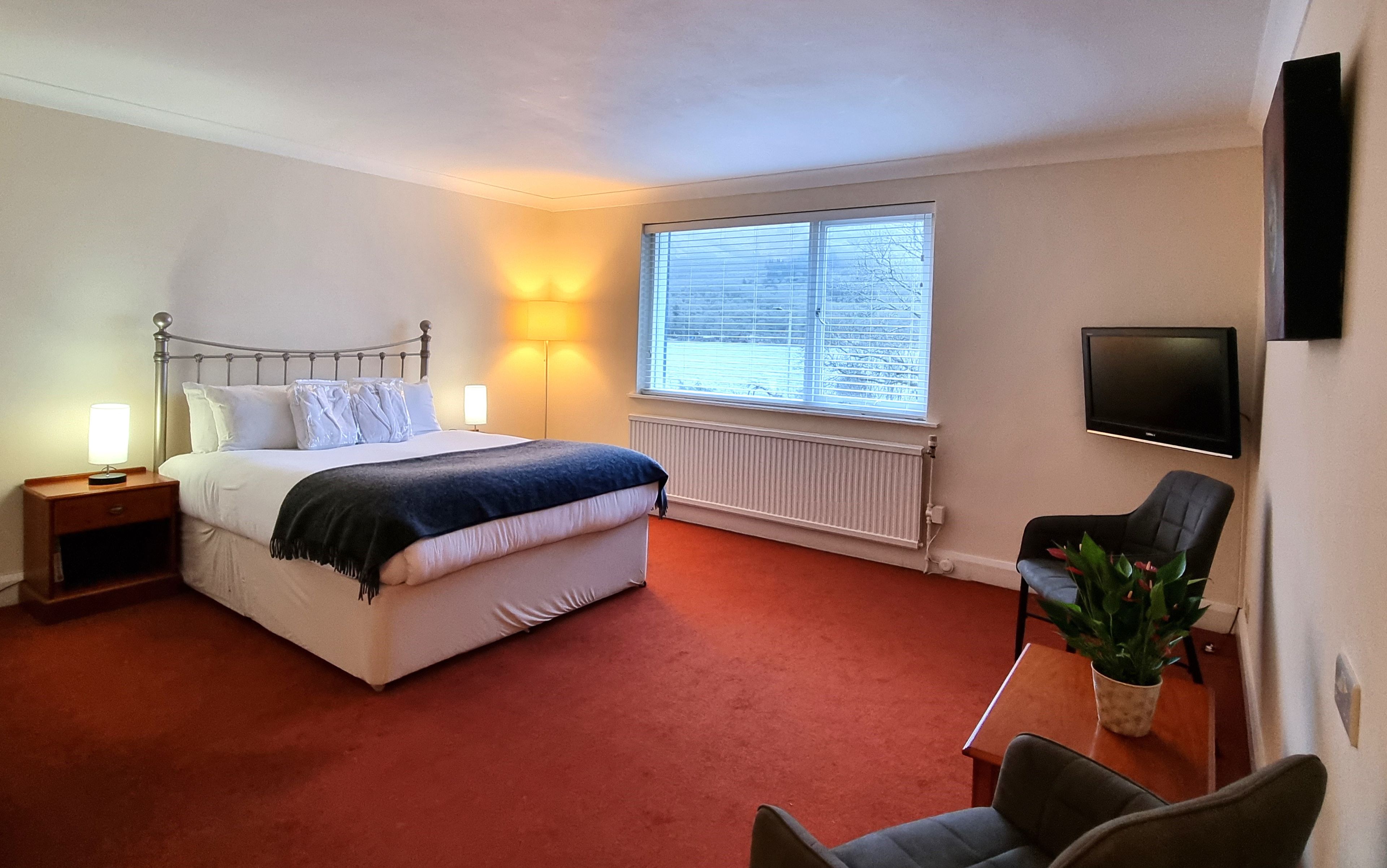 A bedroom with a bed, bedside tables, a TV, a window, and a chair.