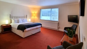 Ein Schlafzimmer mit einem Bett, Nachttischen, einem Fernseher, einem Fenster und einem Sessel.