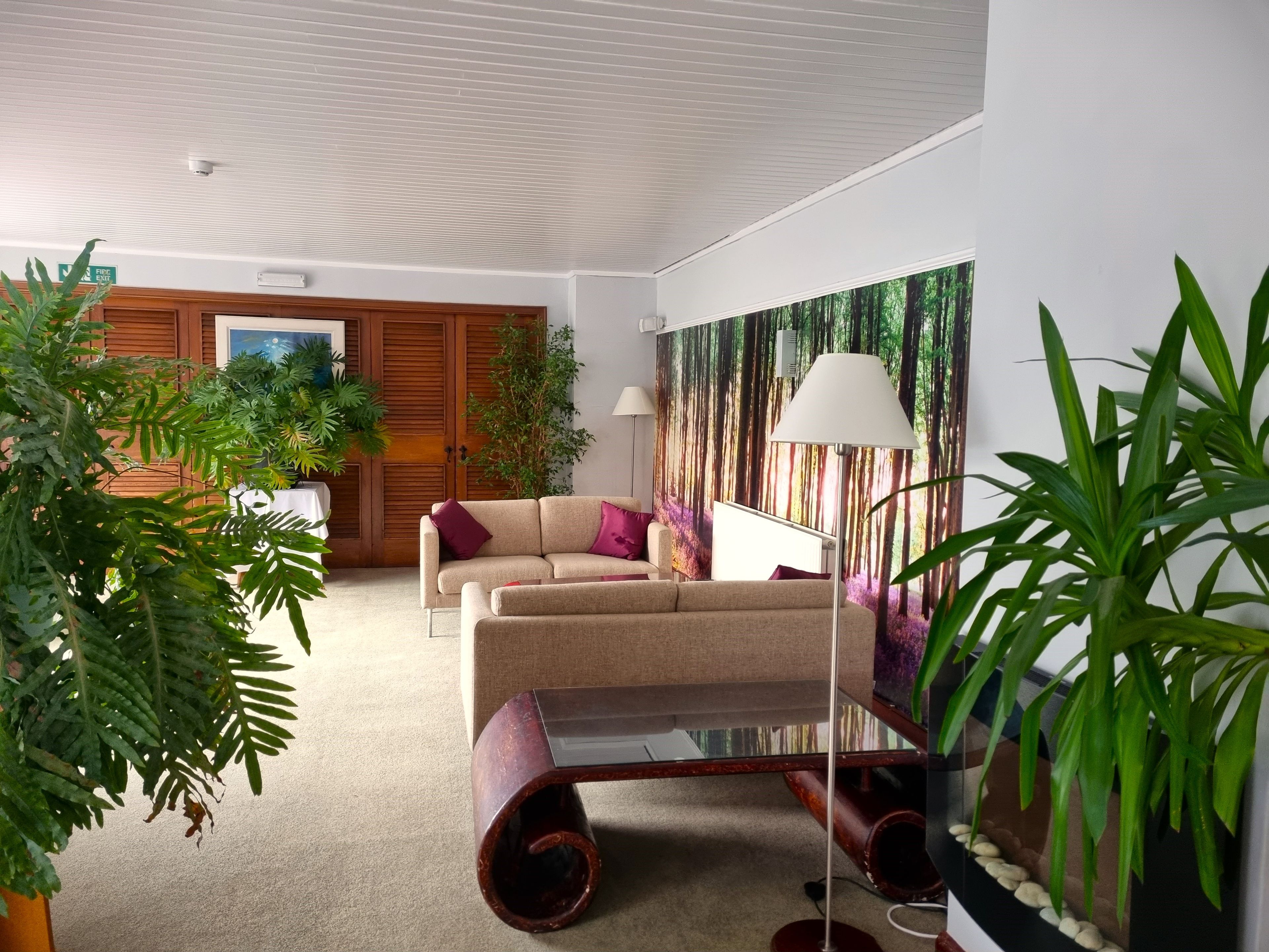 A modern living room with a sofa, a coffee table, and a large painting of a forest.