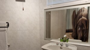A bathroom with a white sink, a towel rack, and a mirror reflecting a dog.