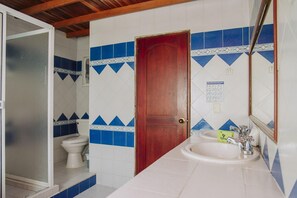 A bathroom with a white sink, a wooden door, and blue and white patterned tiles.