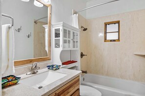 Shower, hair dryer, shampoo