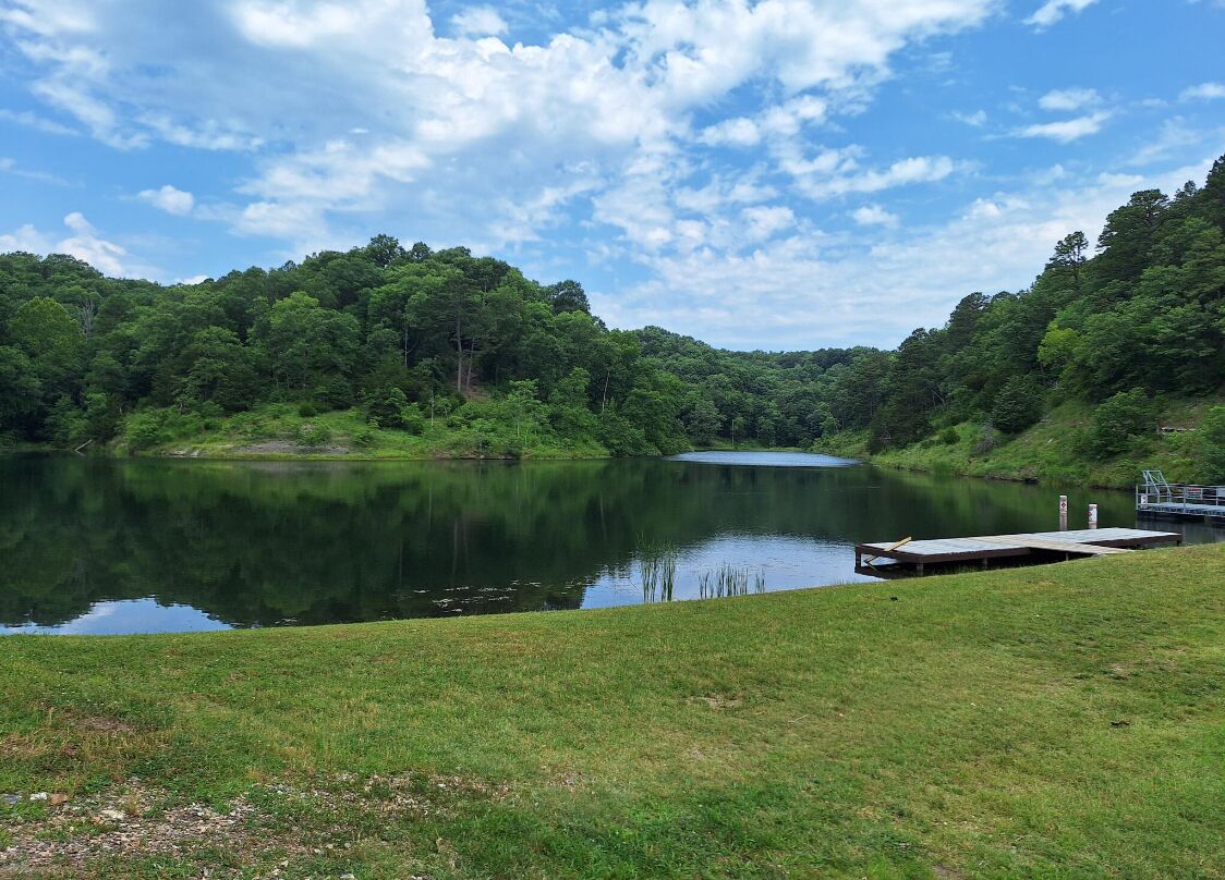 Un lago sereno rodeado de exuberante vegetación, un muelle y un cielo despejado.
