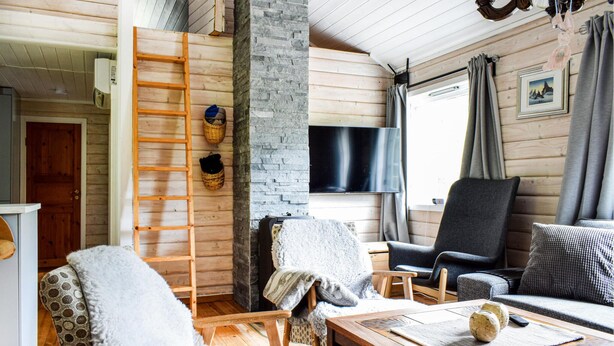 Un intérieur de chalet chaleureux, avec un revêtement mural en bois, une cheminée en pierre, un téléviseur et un coin salon confortable.