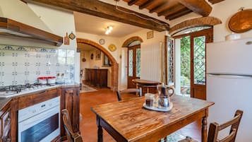 Fridge, stovetop, dishwasher, coffee/tea maker