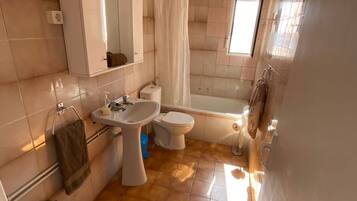 Combined shower/tub, hair dryer, bidet, towels