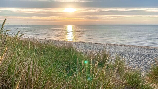 Een strand met gras op de voorgrond en een ondergaande zon boven het water.