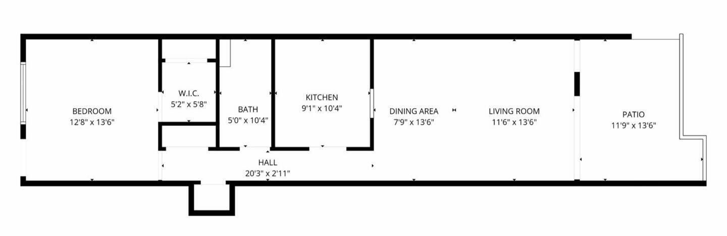 A floor plan with a bedroom, bathroom, kitchen, dining area, living room, and patio.