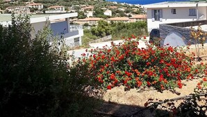 Un quartier résidentiel avec des maisons, un ciel d’un bleu éclatant et une vue sur la mer.