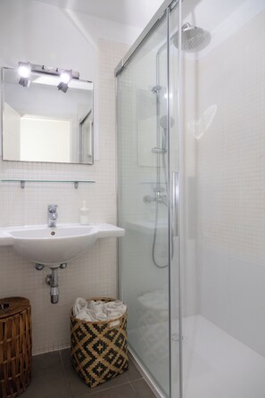Shower, hair dryer, towels