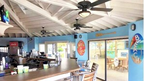 Un bar con temática playera, que cuenta con una barra de madera, taburetes, ventiladores de techo y vistas a la playa a través de puertas correderas de vidrio.