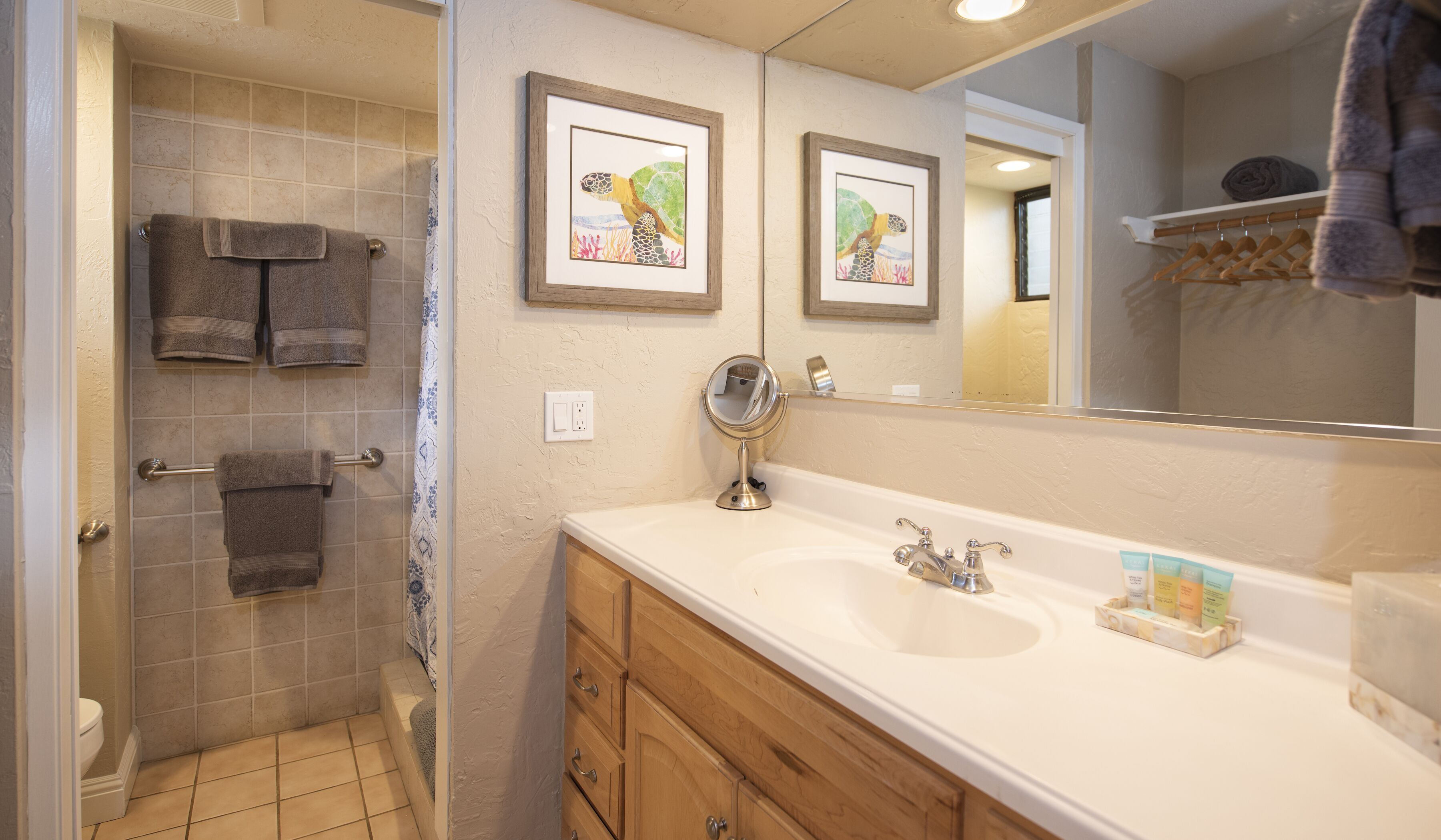 Hair dryer, towels, soap, toilet paper