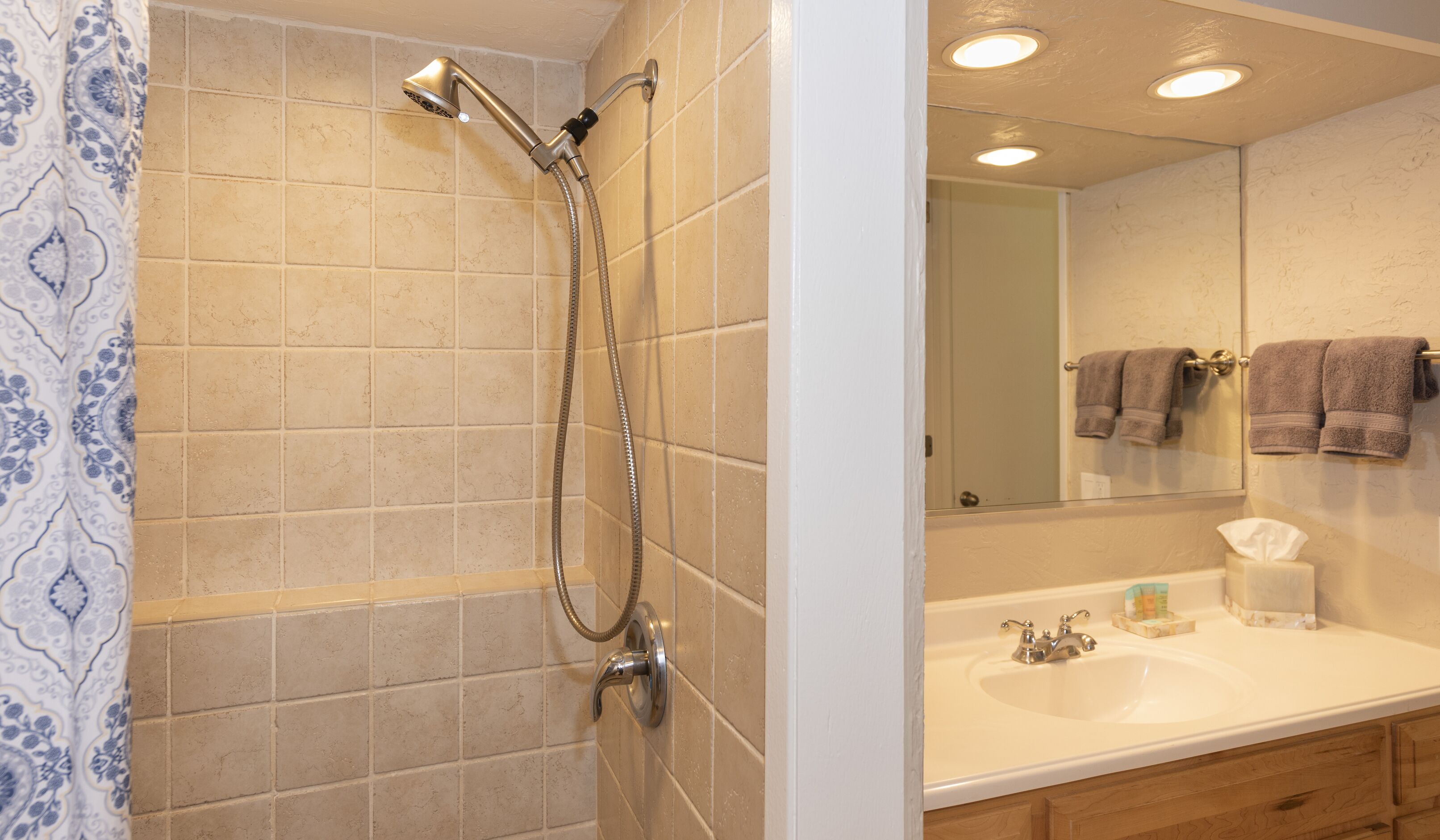 Hair dryer, towels, soap, toilet paper