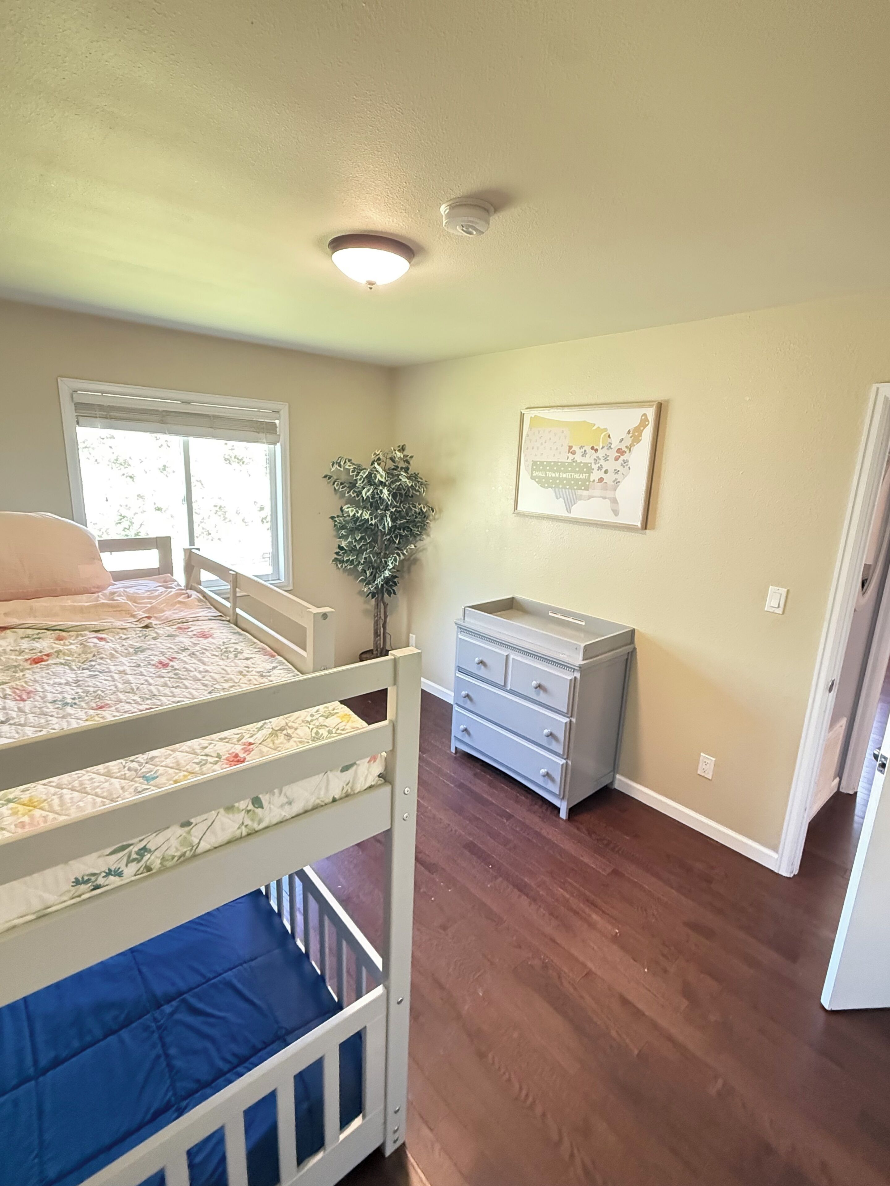A bedroom with a bunk bed, a dresser, a plant, and a wall map.