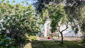 A garden with a table and chairs, a tree, and a building in the background. - 3 bedroom awesome home in Matalascañas (Matalascañas)